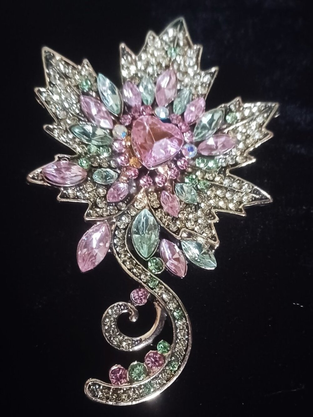 Lovely Clear 3" Rhinestone Brooch with Pink & Teal Accents